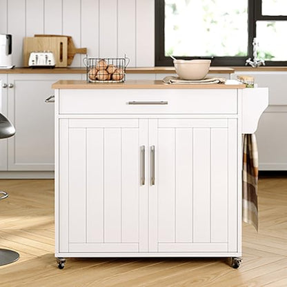 Kitchen Island with Storage, Wooden Countertop Rolling Kitchen Island On Wheels Storage Cabinet, Mobile Kitchen Island Cart with Towel Rack, Spice Rack and Drawers, White - color: White