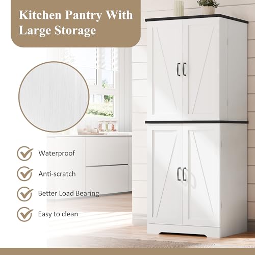 Vongrasig Kitchen Pantry Storage Cabinet with Barn Doors, Drawer and Adjustable Shelves, 6-Tier Tall Rustic Wood Cupboard Locker for Kitchen, Dining Room, Living Room, Bathroom, (White) - color: White