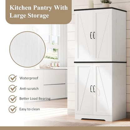 Vongrasig Kitchen Pantry Storage Cabinet with Barn Doors, Drawer and Adjustable Shelves, 6-Tier Tall Rustic Wood Cupboard Locker for Kitchen, Dining Room, Living Room, Bathroom, (White) - color: White