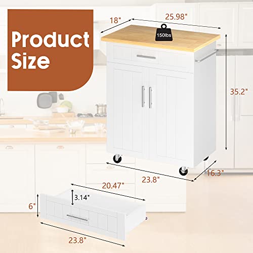 SUNLEI Rolling Kitchen Island Cart with Storage & Drawer – 26" Portable Kitchen Cart with Lockable Wheels, Towel Rack & Open Shelves for Kitchen, Dining Room, Living Room(White) - size: 26-IN