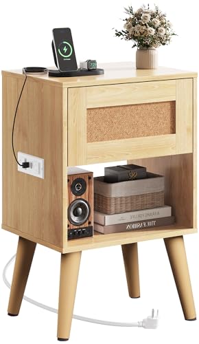 WLIVE Rattan Nightstand with Charging Station, Boho Night Stand, Small Bedroom Side Table, End Table with Drawer and Storage, Wood Bedside Tables for Bedroom, Small Spaces, Natural Oak - color: Natural Oak+1pcs, style: Bohemian