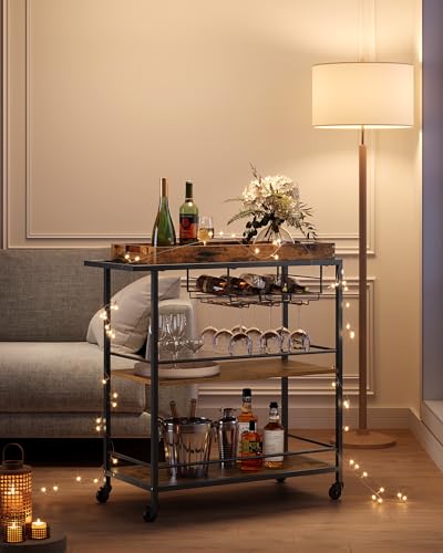 VASAGLE Kitchen Serving Cart with Removable Tray, 3-Tier Kitchen Utility Cart on Wheels with Storage, with Brakes, Leveling Feet, 15.7 x 34.6 x 37.8 Inches, Rustic Brown and Black ULRC093B01 - color: Rustic Brown + Black, size: 15.7"D x 34.6"W x 37.8"H