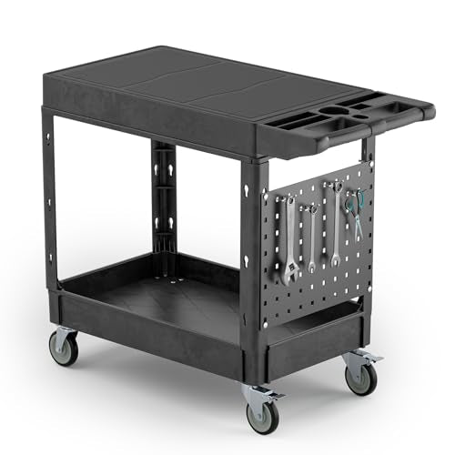 Heavy Duty Utility Service Tool Cart, 39 x 17 in, 2 Shelf Flat Top Rolling Cart with Hanging Board, 550LBS, Swivel Wheels, Ergonomic Handle for Garage, Warehouse, Office, Workshop, Auto Repair