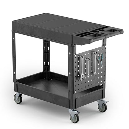 Heavy Duty Utility Service Tool Cart, 39 x 17 in, 2 Shelf Flat Top Rolling Cart with Hanging Board, 550LBS, Swivel Wheels, Ergonomic Handle for Garage, Warehouse, Office, Workshop, Auto Repair