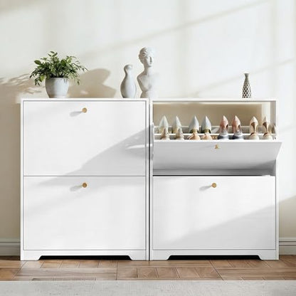 Nicetree Shoe Cabinet with 2 Flip Drawers, Narrow Shoe Organizer Cabinet, Freestanding Shoe Rack Cabinet, Modern Shoe Storage Cabinet for Entryway, Hallway, Foyer, White with Hook - color: White, style: 2-Drawers with Hook