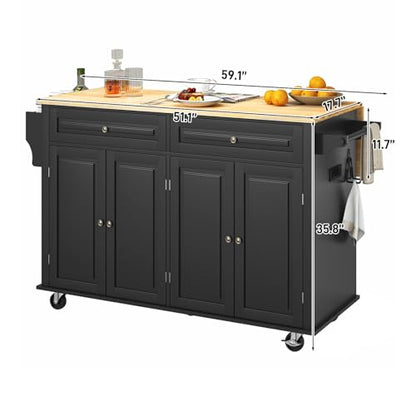 Squireewo 59" Kitchen Cart with Wood Top and Drop Leaf Breakfast Bar, Rolling Mobile Kitchen Island Table on Wheels with Drawer and Storage Cabinet, Spice Rack, Towel Rack, Black - size: 59"W