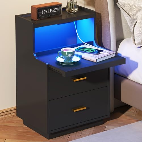 Yusong LED Nightstand Bedside Table with Charging Station 2 Drawers, Modern Sofa Couch End Side Table with LED Lights and Pull-Out Shelf for Bedroom, Black - color: Black 003