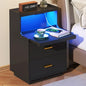 Yusong LED Nightstand Bedside Table with Charging Station 2 Drawers, Modern Sofa Couch End Side Table with LED Lights and Pull-Out Shelf for Bedroom, Black - color: Black 003