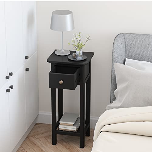 Giantex Tall End Table Set of 2, Narrow Side Table with Drawer and Shelf, Acacia Wood Nightstand for Living Room, 2-Tier Bedside Table for Small Space, No Assembly, Black - color: Black
