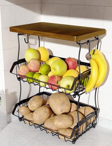 OKZEST 3-Tier Fruit Basket Fits Between Countertop & Upper Cabinet, 16.8" H | Includes wood top & banana hangers, Stackable kitchen countertop organizer, Holds potato, onion, bread, snack, fruit, veggie - size: 3-Tier (With wood top)