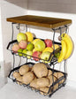 OKZEST 3-Tier Fruit Basket Fits Between Countertop & Upper Cabinet, 16.8" H | Includes wood top & banana hangers, Stackable kitchen countertop organizer, Holds potato, onion, bread, snack, fruit, veggie - size: 3-Tier (With wood top)