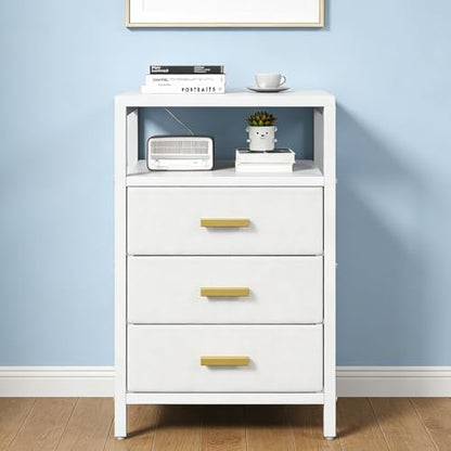 Nightstand 3 Drawers Side Table Modern Bedside End Table | White night stand with 3 fabric drawers, double layer shelf, metal frame, space saving end table for bedroom and living room - size: 3 Drawers, Single Piece