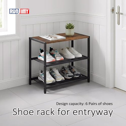 3-Tier Wooden Shoe Rack with Metal Mesh Shelves, Small Shoe Organizer for Front Door Entryway, Closet, Hallway & Bedroom, Narrow Shoe Shelf, Holds 6 Pairs, Ideal for Shoe Storage or Display - size: 17"D x 10.24"W x 15.75"H