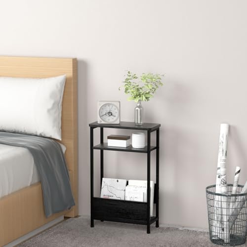 THUMEYE 7.1" Narrow Side Table for Small Spaces, 3 Tier Small End Table with Magazine Holder, Slim/Skinny Nightstand/Bedside Table for Living Room, Bedroom, 15.4" L x 24.2" H, Black - color: Black