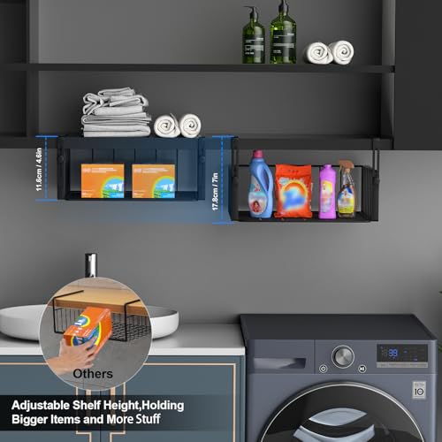 AmonHouseware 2Pack Under Shelf Basket Storage,Adjustable Hanging,Black | Under Cabinet Shelf Add-on, Slide-in Baskets,Organizer for Laundry Room Kitchen Pantry Desk Bookshelf Counter Cupboard - color: Black