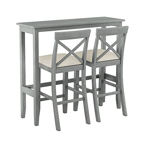 Farmhouse Rustic 3-Piece Counter Height Wood Kitchen Dining Sets, Home Bar Pub Kitchen Set, 48'' Long Bar Table with 2 Upholstery Chairs for Small Places - color: Gray-3-piece
