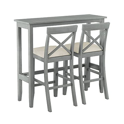 Farmhouse Rustic 3-Piece Counter Height Wood Kitchen Dining Sets, Home Bar Pub Kitchen Set, 48'' Long Bar Table with 2 Upholstery Chairs for Small Places - color: Gray-3-piece