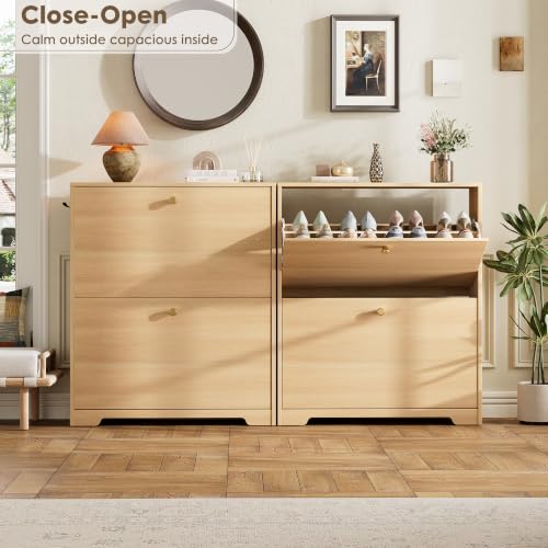 Nicetree Shoe Storage Cabinet with 2 Flip Drawers, Slim Shoe Cabinet, Hidden Shoe Rack Cabinet, Shoe Storage Cabinet for Entryway, Hallway, Foyer, Natural Oak - color: Natural Oak, style: 2-Drawers