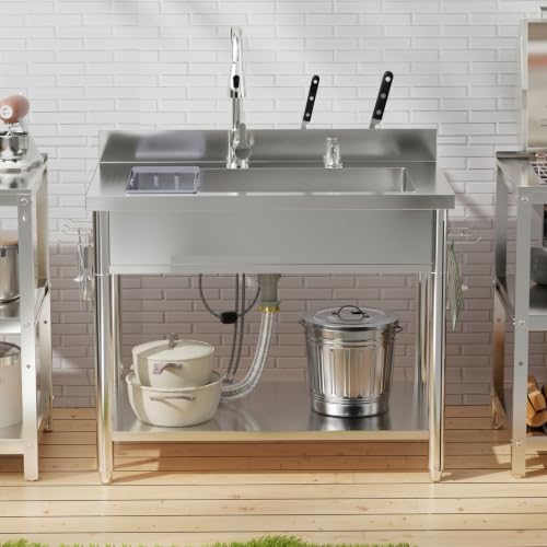 Stainless Steel Utility Sink, 38.4" Single Bowl Freestanding Laundry Sink with 360° Hot & Cold Water Faucet, Hoses & Drain Kit, Outdoor/Indoor Commercial Sink for Kitchens, Garage, Laundry Room - size: 38.4" x 22.6" x 35"