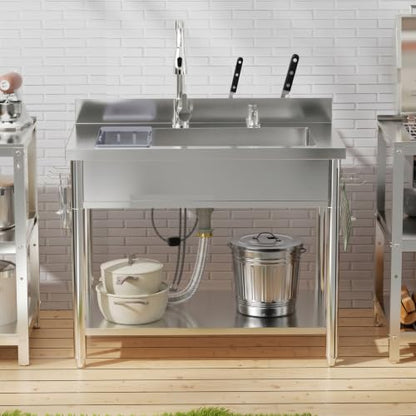 Stainless Steel Utility Sink, 38.4" Single Bowl Freestanding Laundry Sink with 360° Hot & Cold Water Faucet, Hoses & Drain Kit, Outdoor/Indoor Commercial Sink for Kitchens, Garage, Laundry Room - size: 38.4" x 22.6" x 35"