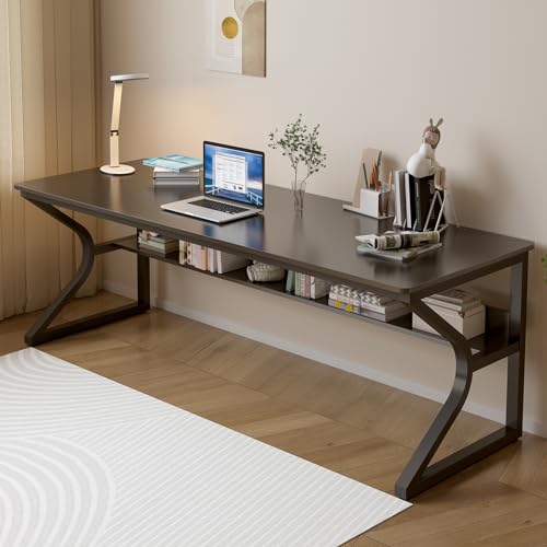 OSCHF Extra Long Desk with Bookshelf - 71" Double Long Writing Table for 2-Person Workstation, Modern Study Work Computer Desk for Home and Office, Black | Double Long Writing Table, Space-saving, 2-Person Workstation, Modern Study Work Computer Desk, Sui