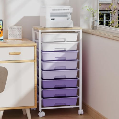Rolling Cart with 8 Drawers, Storage Drawers Cart with Wooden Tabletop and Lockable Wheels, Craft Storage for Living Room, Office, Classroom, Craft Room, Bedroom (Purple) - color: Purple