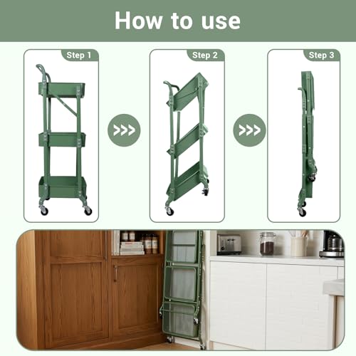 Amatic 3-Tier Folding Rolling Utility Cart with Wheels, Metal Foldable Storage Cart Organizer with 3 Hanging Cups & 6 Hooks for Kitchen, Office, Living Room, Nursery(Green) - color: Green