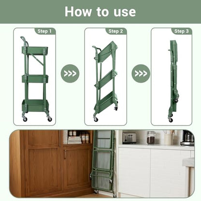 Amatic 3-Tier Folding Rolling Utility Cart with Wheels, Metal Foldable Storage Cart Organizer with 3 Hanging Cups & 6 Hooks for Kitchen, Office, Living Room, Nursery(Green) - color: Green