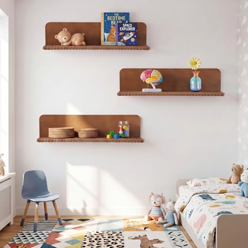 Novabright Nursery Book Shelves for Wall Set of 3 Floating Shelves,Brown | 16 Inch Organizer with Beaded Design, Bookshelf, Nursery, Bedroom, Living Room, Kitchen