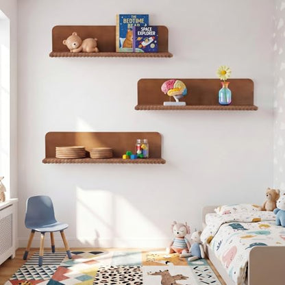Novabright Nursery Book Shelves for Wall Set of 3 Floating Shelves,Brown | 16 Inch Organizer with Beaded Design, Bookshelf, Nursery, Bedroom, Living Room, Kitchen
