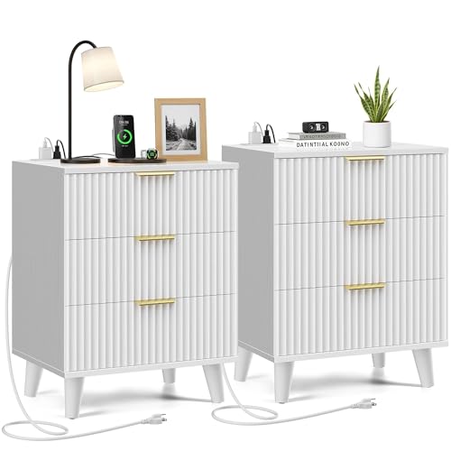 White Fluted nightstands Set of 2, 20 inch Modern Nightstand with Charging Station Wood Bedside End Table with 3 Large Storage Drawers, Tall Side Table for Bedroom Sofa Office - color: White, size: 2pcs