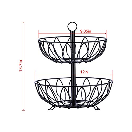 2 Tier Fruit Basket Bowl, Vegetable Organizer, Metal Black | Space-Saving, Home Fruit Rack Stand for Countertop, Storage Bread, Snacks, Fits Under Cabinets - color: 2 Tier-Black