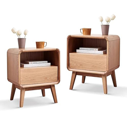 100% Solid Wood Nightstand Set of 2, Small Night Stand with Drawer and Open Shelf, Natural Wood Nightstand, Mid Century Modern Night Stand, Wooden Bedside Table for Bedroom(20.47" H) - color: Natural Oak, style: Drawer & Open Storage-2