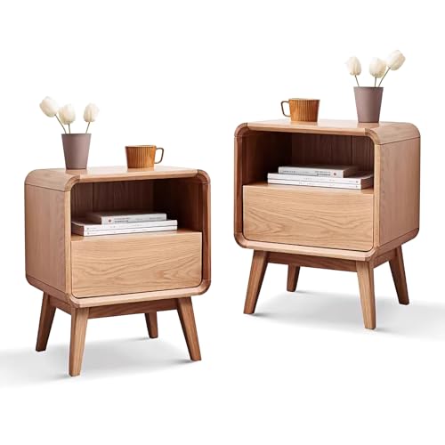 100% Solid Wood Nightstand Set of 2, Small Night Stand with Drawer and Open Shelf, Natural Wood Nightstand, Mid Century Modern Night Stand, Wooden Bedside Table for Bedroom(20.47" H) - color: Natural Oak, style: Drawer & Open Storage-2