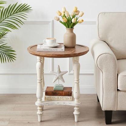 BERRYMERRY 18.5" 2-Tier French Country End Table with Tray Top Set of 2, White Round Side Table for Living Room Small Spaces, No Tool Assembly - color: Tray Top 2pcs