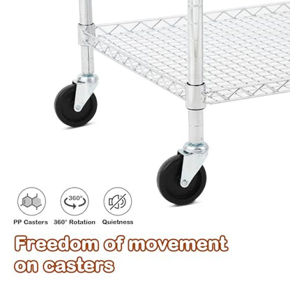 TrailBlaze Kitchen Utility Cart, 3-Tier Wire Rolling Utility Cart, Stainless Steel Service Cart w/Wheels and Adjustable Storage Rack Handle - for Laundry, Garage, Bathroom - Low Handle - size: 3-Tiers low handle