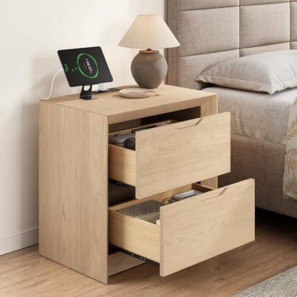 YANSNWO Natural Oak Nightstand with Charging Station, 23.6" Modern Bedside Table with Thickened Frame & Unique Panel, Mid Century Wood End Table for Bedroom, Living Room - color: Natural Oak, size: 15.6"D x 23.6"W x 23.6"H (2 Drawers)