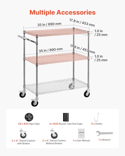 VEVOR Kitchen Utility Cart, 3 Tier Heavy Duty Adjustable Wire Storage Rack, Commercial Steel Rolling Service Trolley on Wheels, Work Table with Handle Bar, for Garage and Laundry Room, 35x17.8x40.9 in - size: 18"D x 35"W x 40.9"H Upgraded