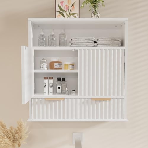 Bathroom Wall Cabinet with Fluted Design, Adjustable Shelves & Soft-Close Hinges, Hanging Storage Cabinet with Open Cubby & Drawers for Toiletries, Towels, Bathroom Organization (White)