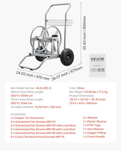 VEVOR Hose Reel Cart, 200/300ft High-Pressure Garden Hose Cart, Hoses Reel Carts with Two Wheels, Handle & Heavy-Duty Mesh Storage Basket, Dual-Purpose Portable Hoses Reels for Garden, Car, Pet - style: 2 in 1 - 200 ft