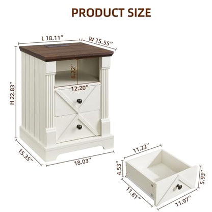 Minifeel Farmhouse Nightstand with Charging Station set of 2,18" Wide 2 Drawer Night Stand, Barn Door Bedside Table with Open Storage Shelf, Side End Tables with Roman Column for Bedroom,Antique White - color: Antique White 2pcs