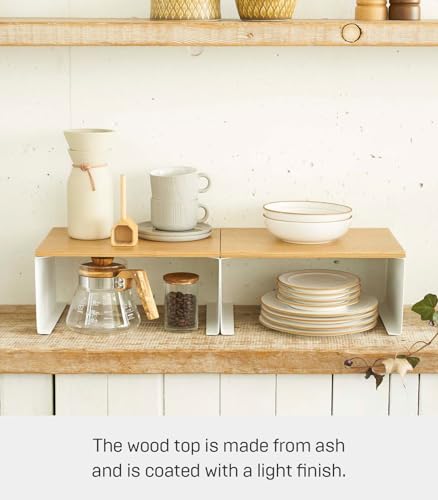 YAMAZAKI Home Tosca Wood-Top Stackable Kitchen Rack - Modern Counter Shelf Organizer - Large - Steel + Wood - Stack Up to Two - size: Large