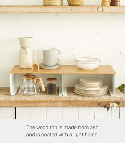 YAMAZAKI Home Tosca Wood-Top Stackable Kitchen Rack - Modern Counter Shelf Organizer - Large - Steel + Wood - Stack Up to Two - size: Large