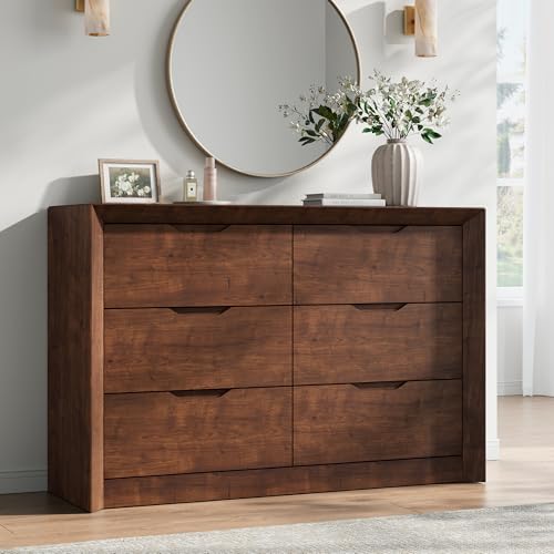YANSNWO Walnut 6 Drawer Dresser for Bedroom, 47.2" Wide Dressers & Chest of Drawers with Unique Panel & Thickened Frame, Mid Century Modern Dresser with Handless Design for Living Room, Hallway - color: Walnut, size: 15.6"D x 47.2"W x 31.5"H (6 Drawers)