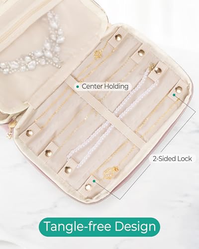 Marscamd Travel Jewelry Organizer Case, Foldable Jewelry Bag, Pink | with Multi Pockets for Earrings, Rings, Necklaces, Bracelets, Brooches - color: Pink
