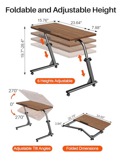 TV Tray Table, Mobile TV Dinner Trays for Eating on Couch, Folding Side Desk with Wheels, Tilt & Height Adjustable Snack Table Laptop Desk for Sofa Living Room Bedroom & Office (Brown) - color: Brown