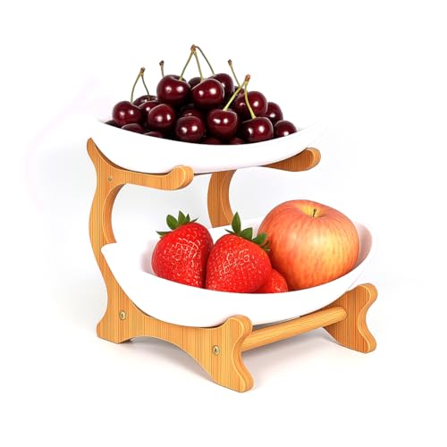 Fruit Bowl With Bamboo Wood Stand, Fruit&Vegetable Candy Dish Decor Basket for Kitchen Counter，Large Capacity Vegetable Storage Stand Snacks Rack Tray Plate Rack - color: White, size: 2-Tier