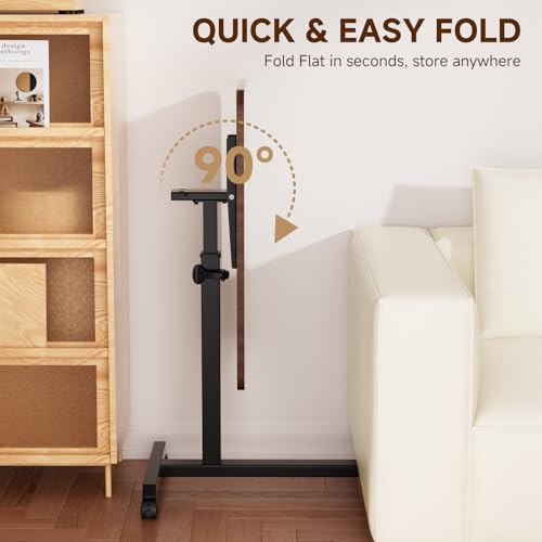 GTPLAYER Small Standing Desk, 24 Inches Foldable Mobile Rolling Laptop PC Table with Lockable Casters, Adjustable Height Overbed Bedside Table Computer Workstation for Home Office, Walnut-Foldable - color: Walnut-foldable