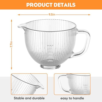Cofun Glass Mixer Bowl for Kitchenaid Tilt-Head Stand Mixers 4.5-5 Quart | 5 Qt Mixing Bowl Replacement for KitchenAid with Measurement Markings, Handle - color: Glass