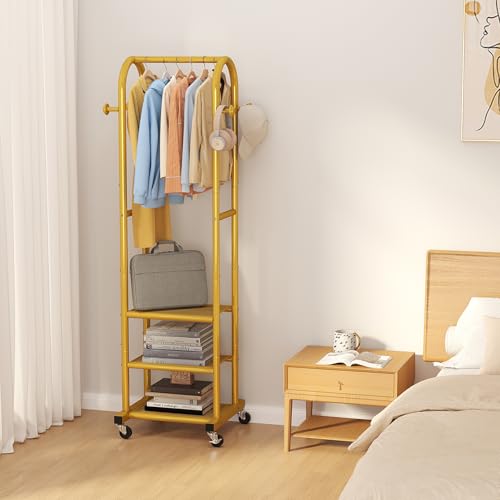 Dttwacoyh Clothing Rack with Wheels,Narrow Metal Garment Rack,Gold | Easy to install, 71.8 Inches Display Rack with 4 Side Hooks & 3 Shelves,for Small Flats, Bedroom, Entryway,Gold Clothes Rack - color: Gold